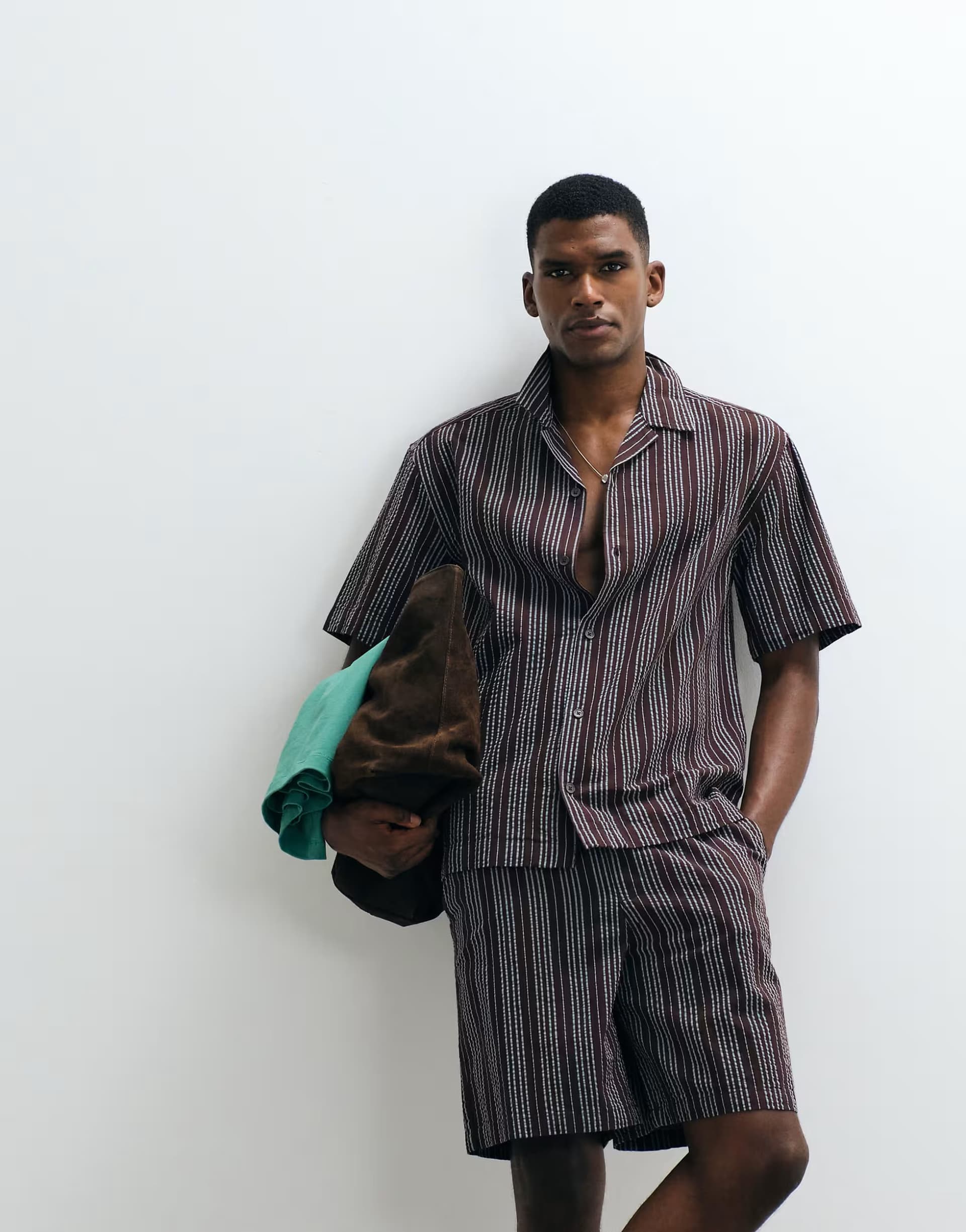 ASOS ONLY & SONS relaxed fit seersucker shirt co-ord with resort collar in dark brown and blue stripe
