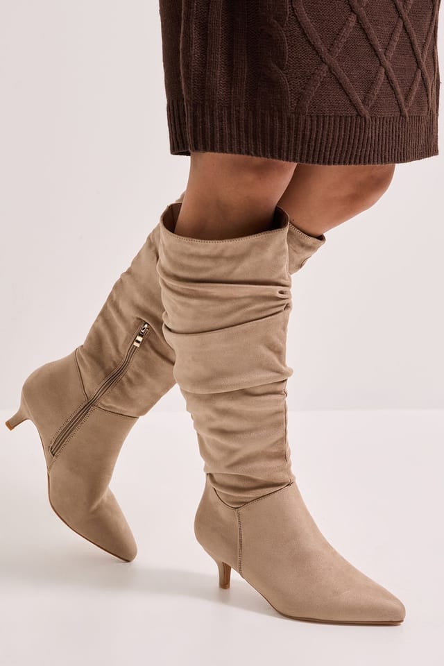Dorothy Perkins Dorothy Perkins Women's Wide Fit Khloe Faux Suede Kitten Heel Knee High Ruched Boots in Beige - 2
