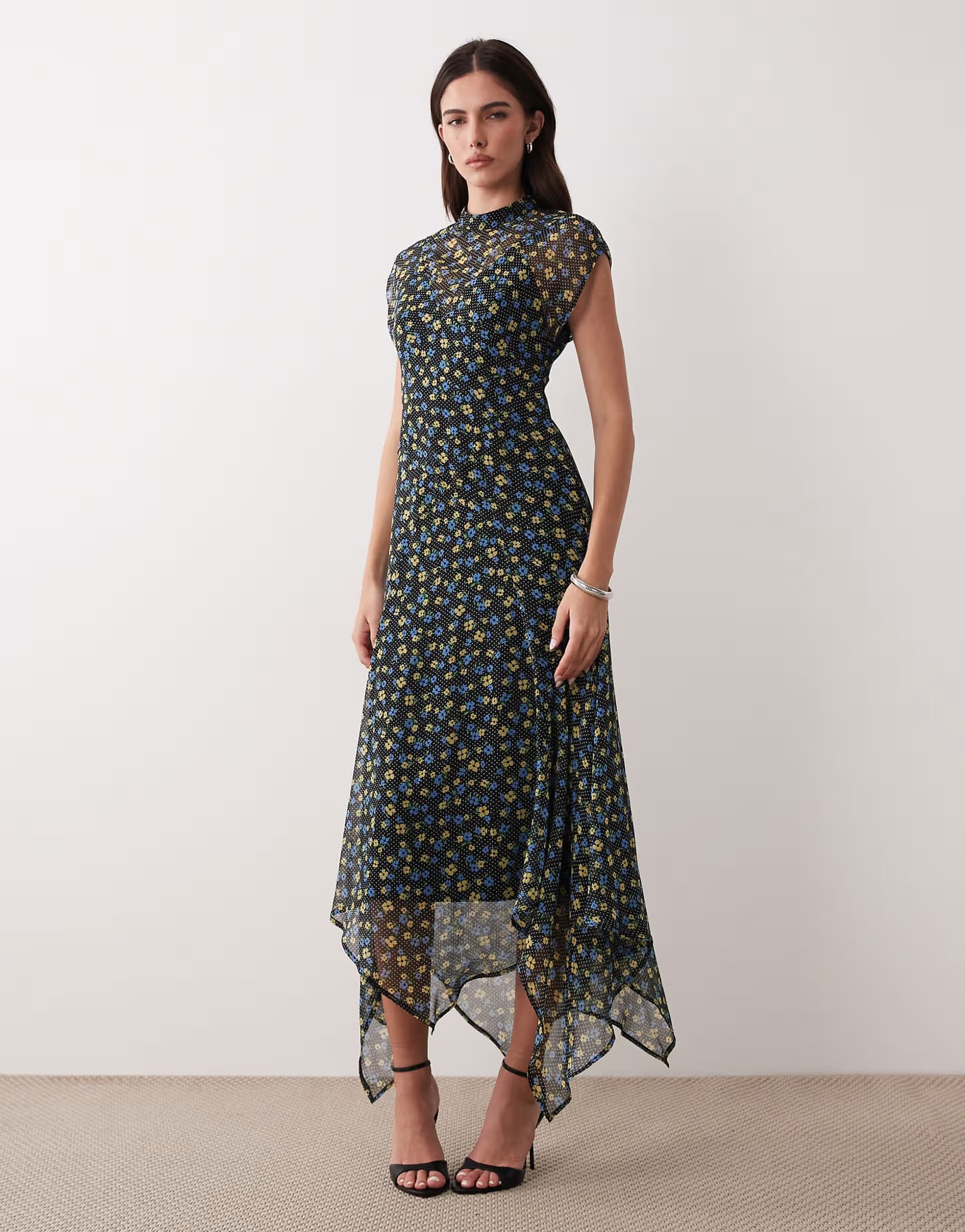 ASOS ASOS DESIGN high neck hanky hem chiffon maxi dress in black floral print