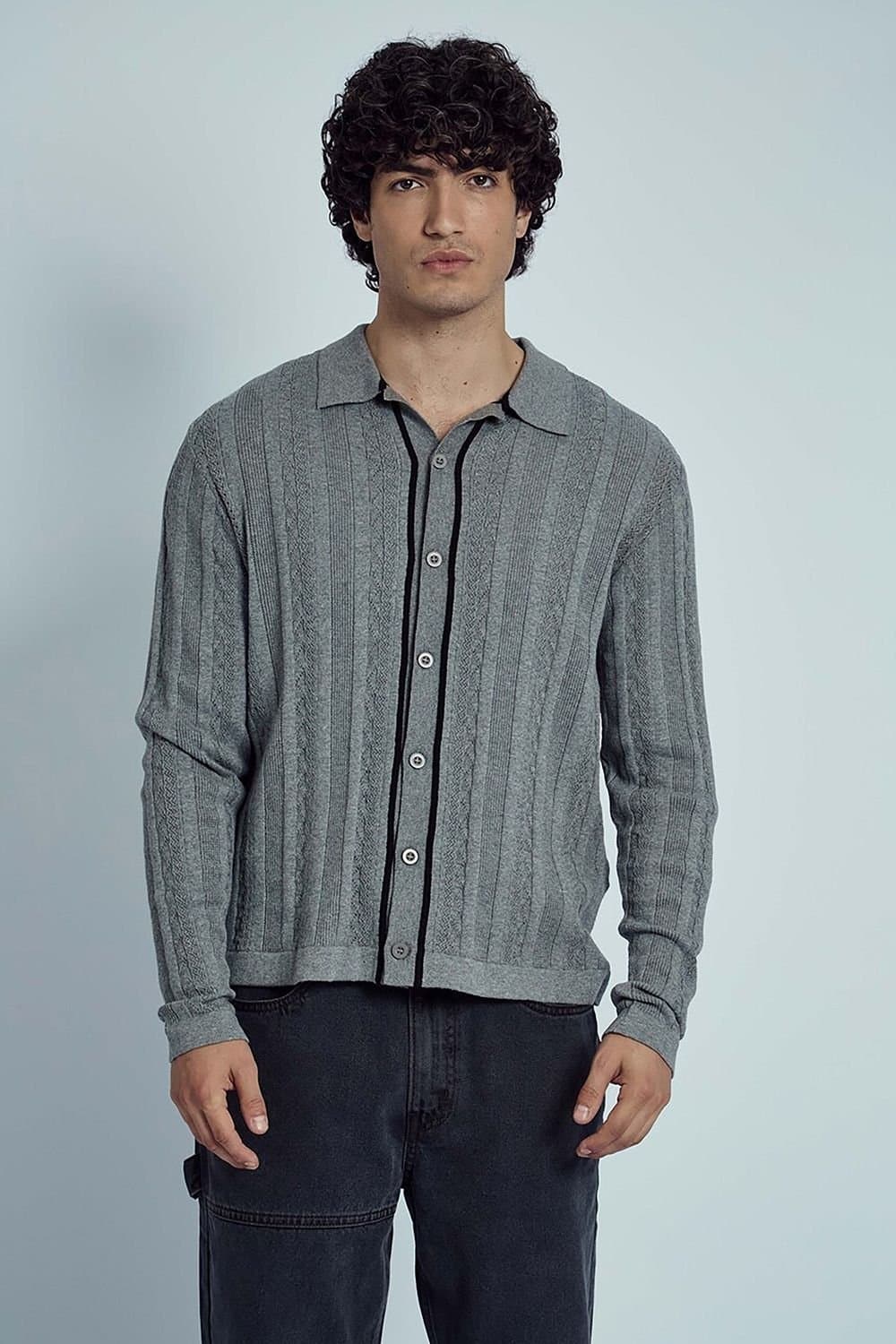 Native Youth Native Youth Men's Cotton Blend Cable Contrast Trims Collared Button Knit Jumper in Grey