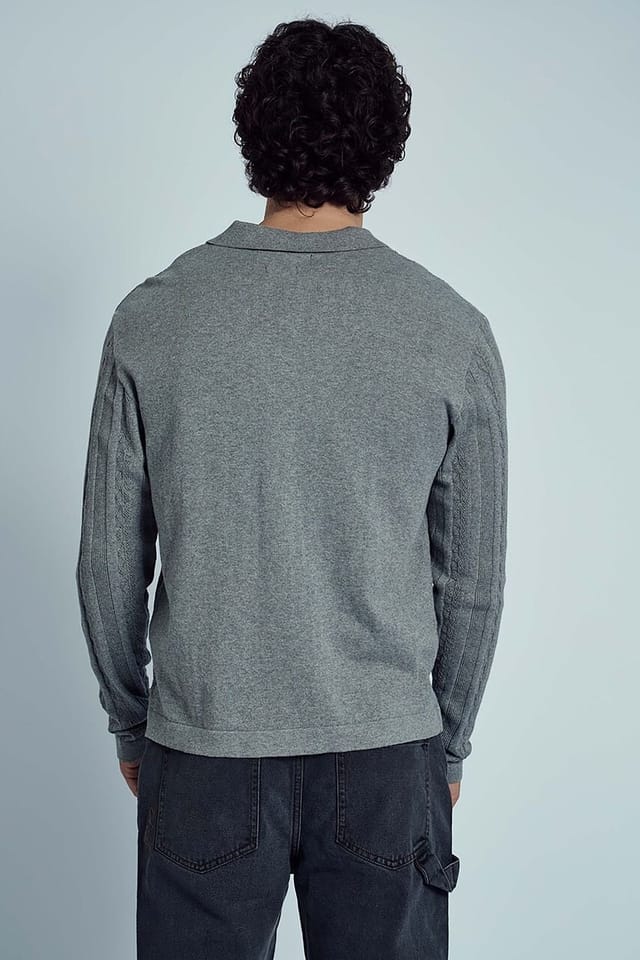 Native Youth Native Youth Men's Cotton Blend Cable Contrast Trims Collared Button Knit Jumper in Grey - 2