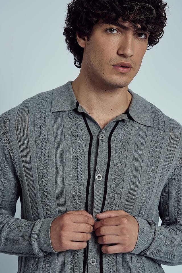 Native Youth Native Youth Men's Cotton Blend Cable Contrast Trims Collared Button Knit Jumper in Grey - 3