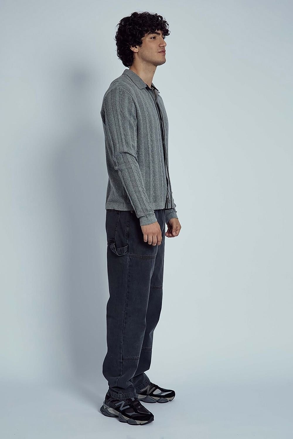 Native Youth Native Youth Men's Cotton Blend Cable Contrast Trims Collared Button Knit Jumper in Grey - 4