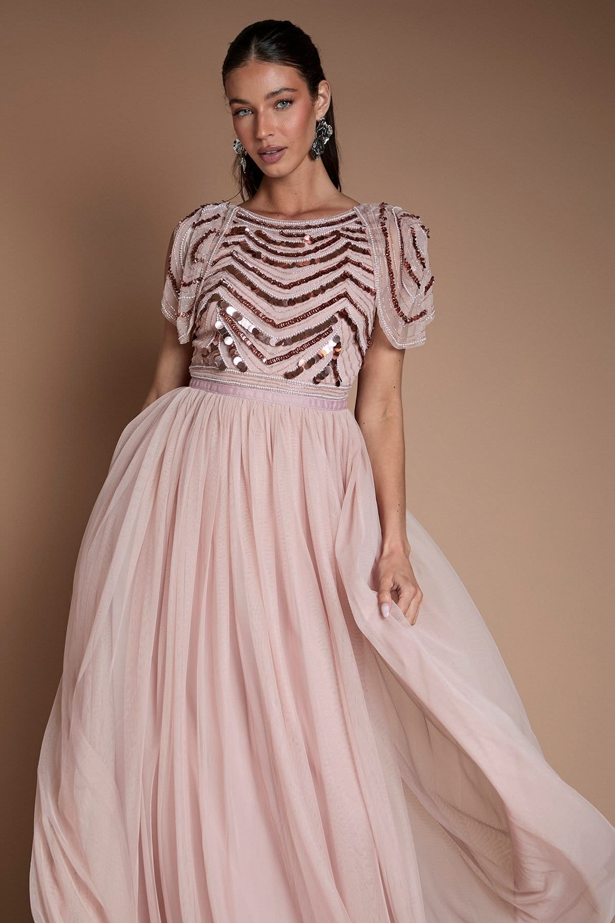 Coast Coast Women's Sparkle Drape Sleeve Bridesmaid Midi Dress in Blush - 4