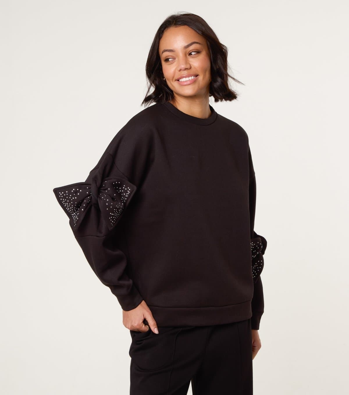 Blue Vanilla Women's Black Bow Sleeve Sweatshirt Blue Vanilla New Look