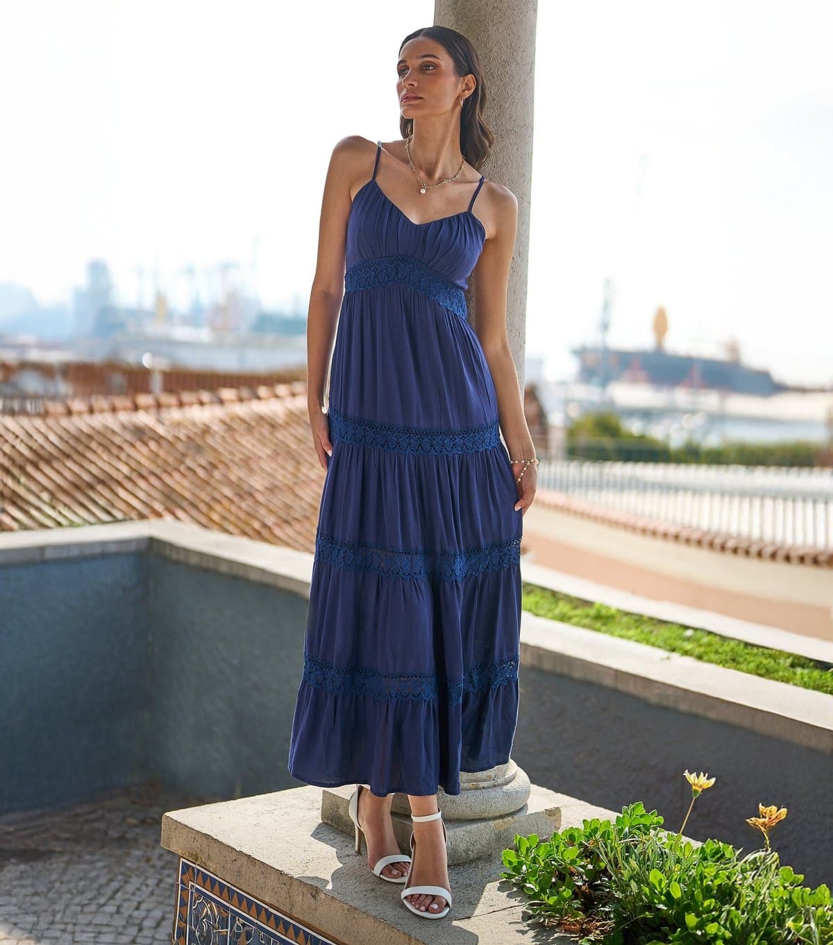 Yumi Women's Navy Lace Tier Maxi Dress Yumi New Look