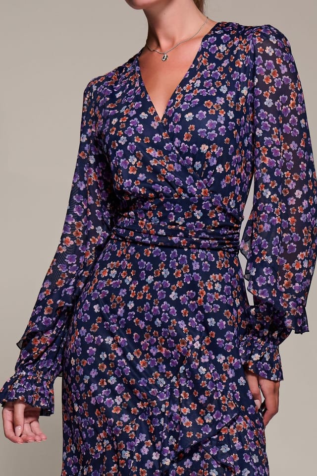 Jolie Moi Jolie Moi Women's Long Sleeve Frill Detail Mesh Maxi dress in Navy - 3