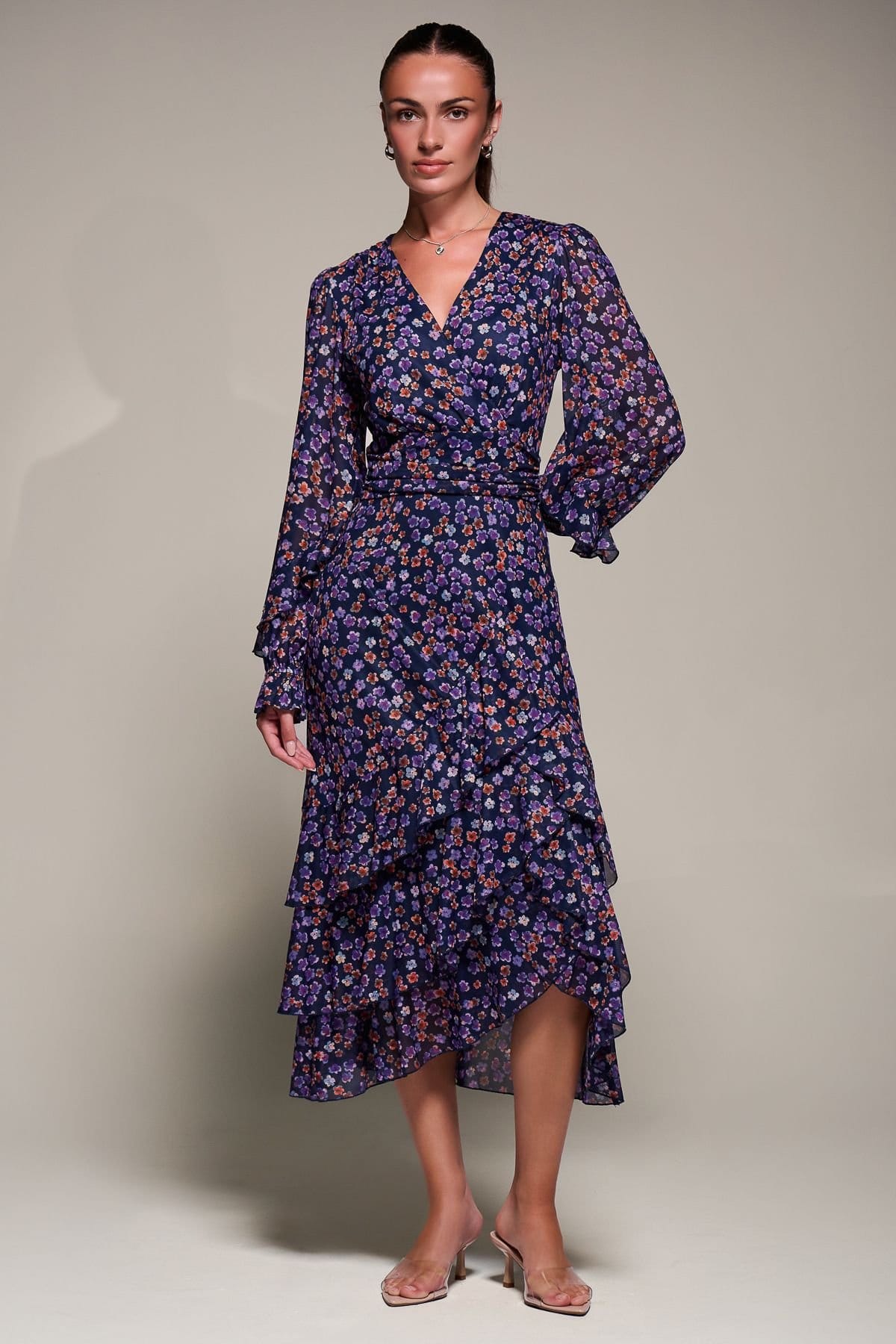 Jolie Moi Jolie Moi Women's Long Sleeve Frill Detail Mesh Maxi dress in Navy - 4