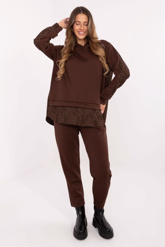 Love Lace Love Lace Women's Casual Hoodie & Lace Detail Pants Set in Brown - 3