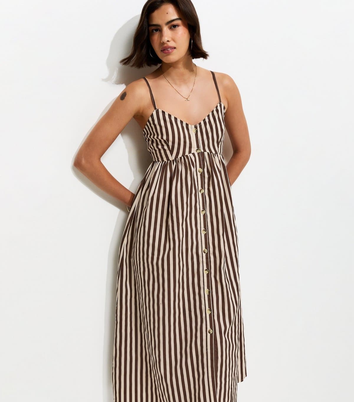 New Look Women's Brown Cotton Knot Front Stripe Cami Midi Dress New Look