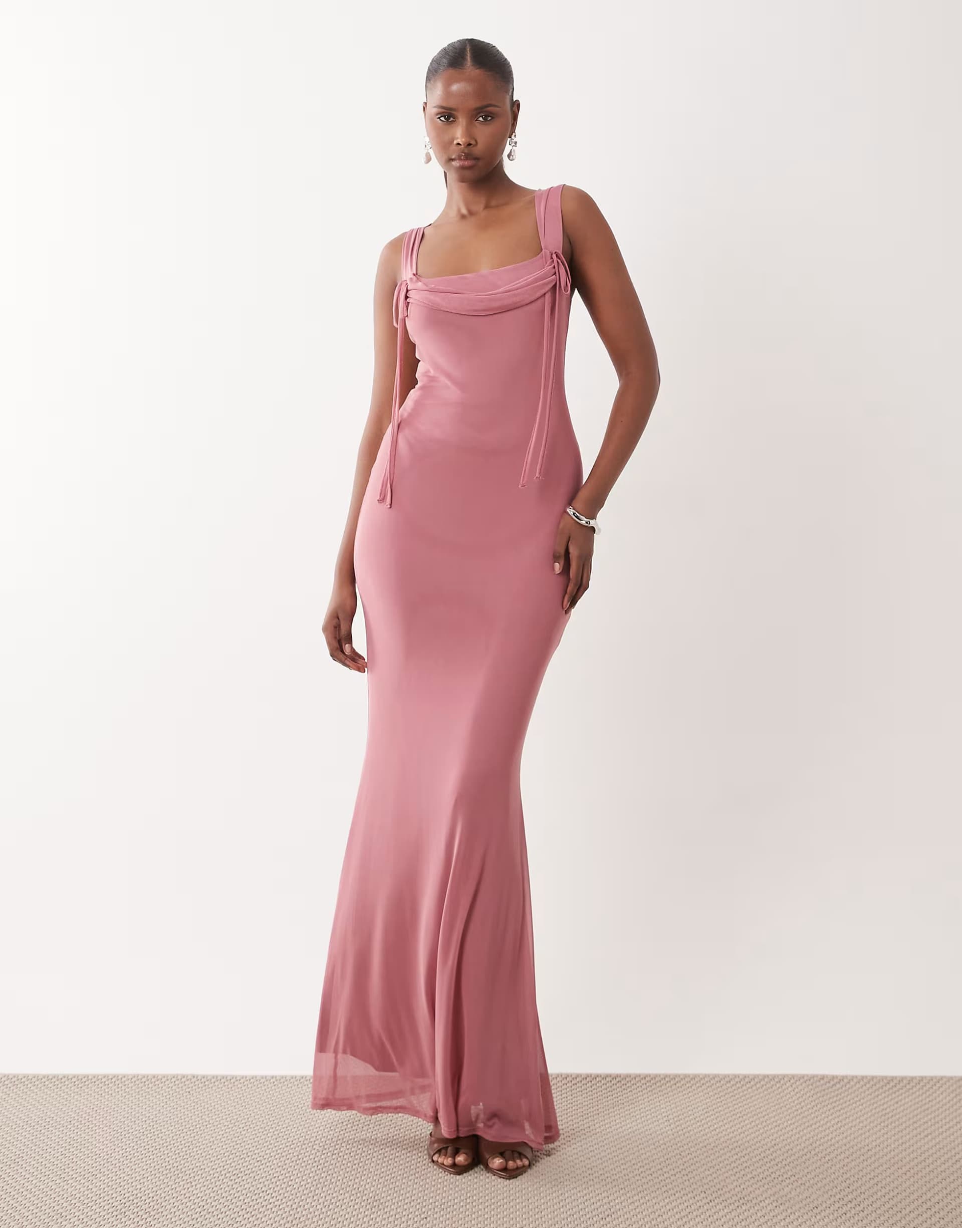 ASOS ASOS DESIGN square neck cowl maxi dress with tie neck detail in rose pink