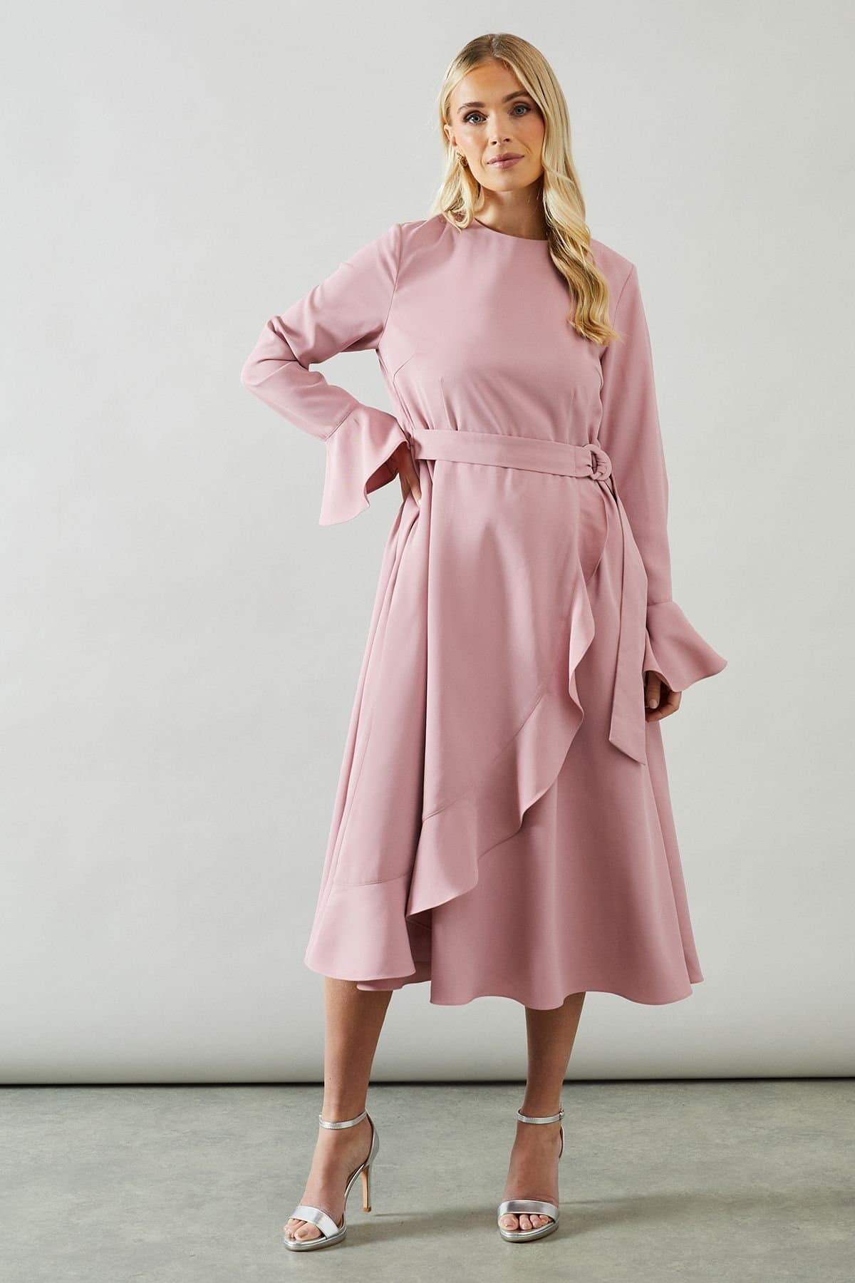 Wallis Wallis Women's Petite Ruffle Front Belted Midi Dress in Blush