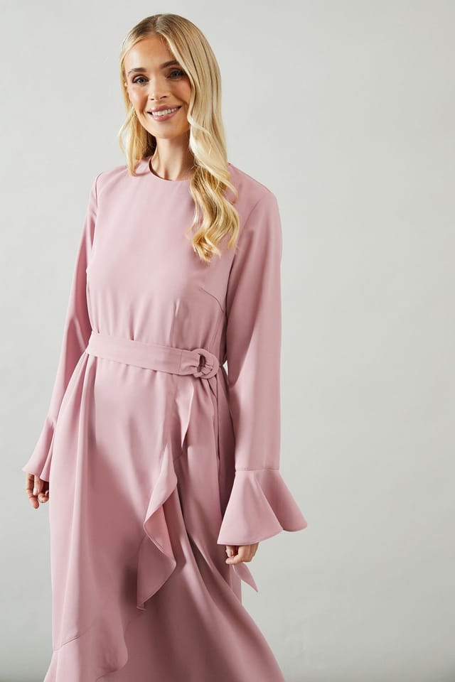 Wallis Wallis Women's Petite Ruffle Front Belted Midi Dress in Blush - 2