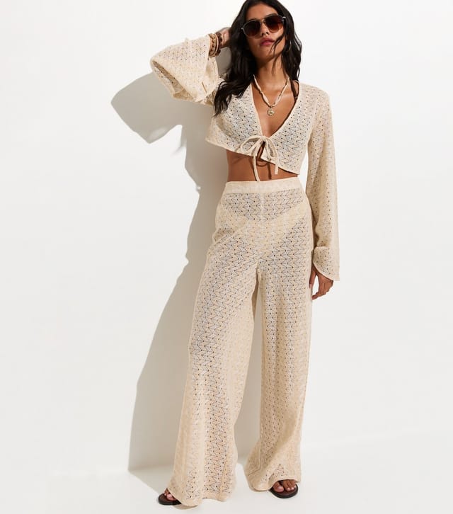 New Look Women's Off White Cotton Rich Crochet Knit Beach Crop Top New Look - 2