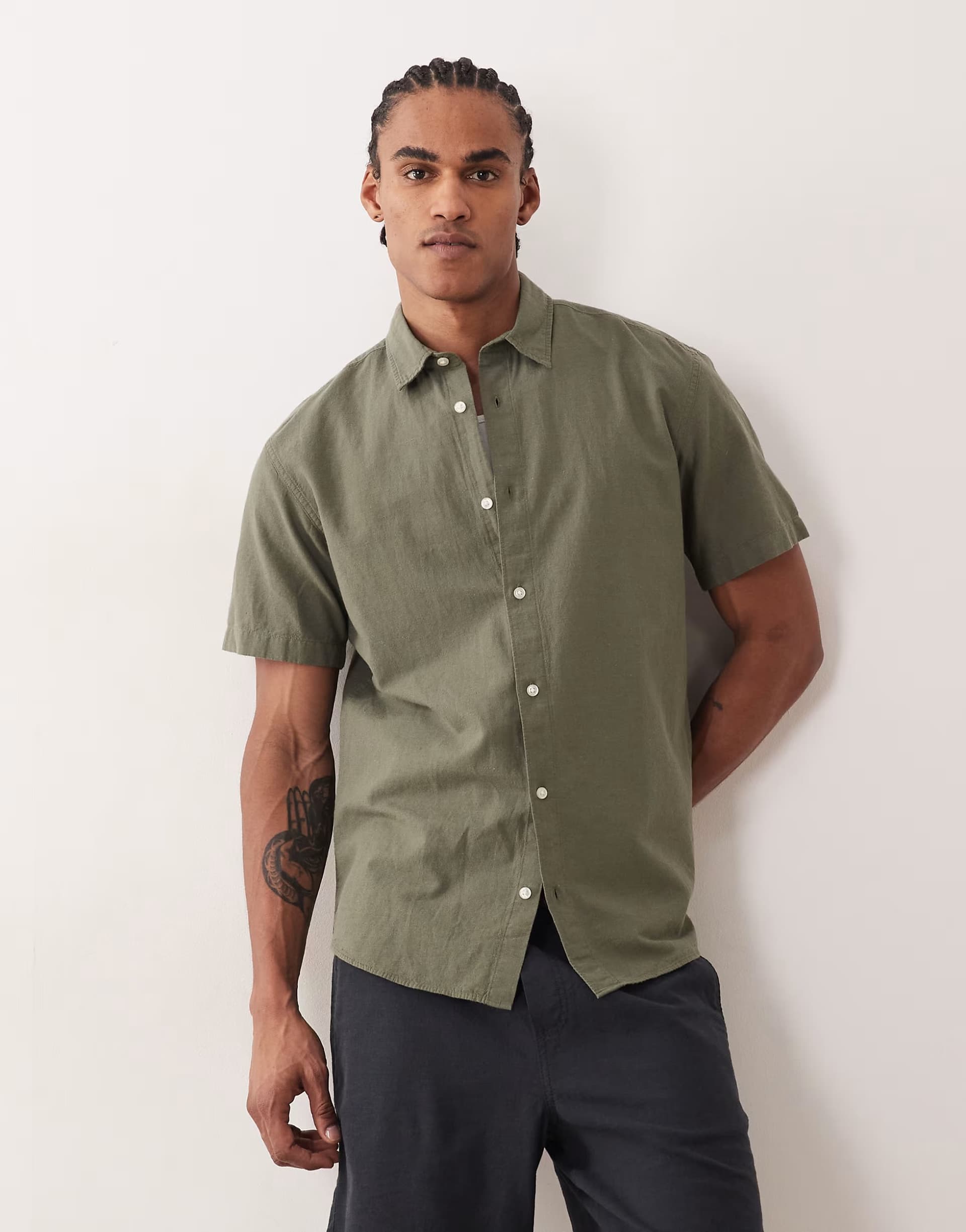 ASOS Jack & Jones short sleeve linen blend shirt in khaki
