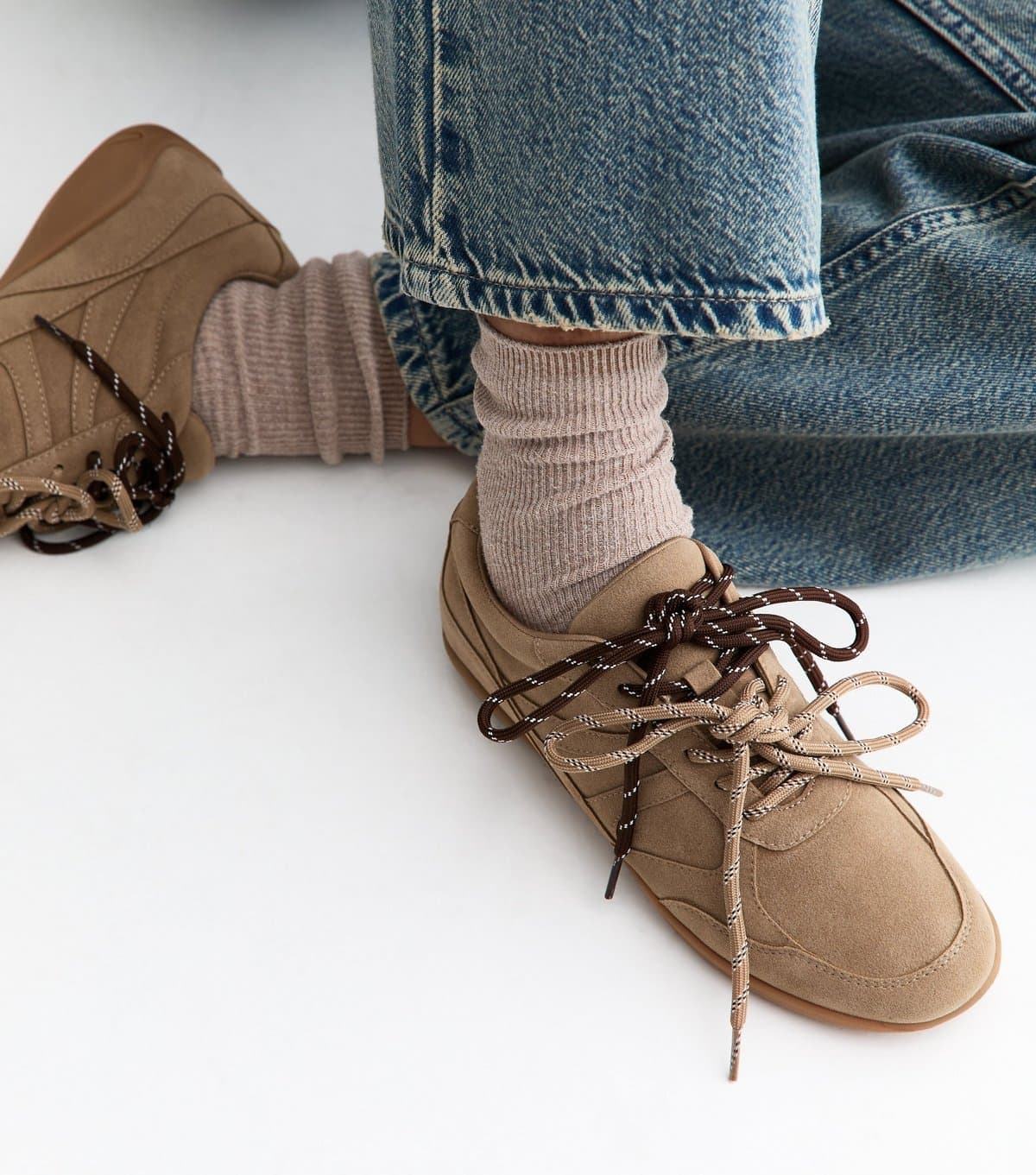 New Look Women's Camel Faux Suede Double Lace Trainers Vegan New Look
