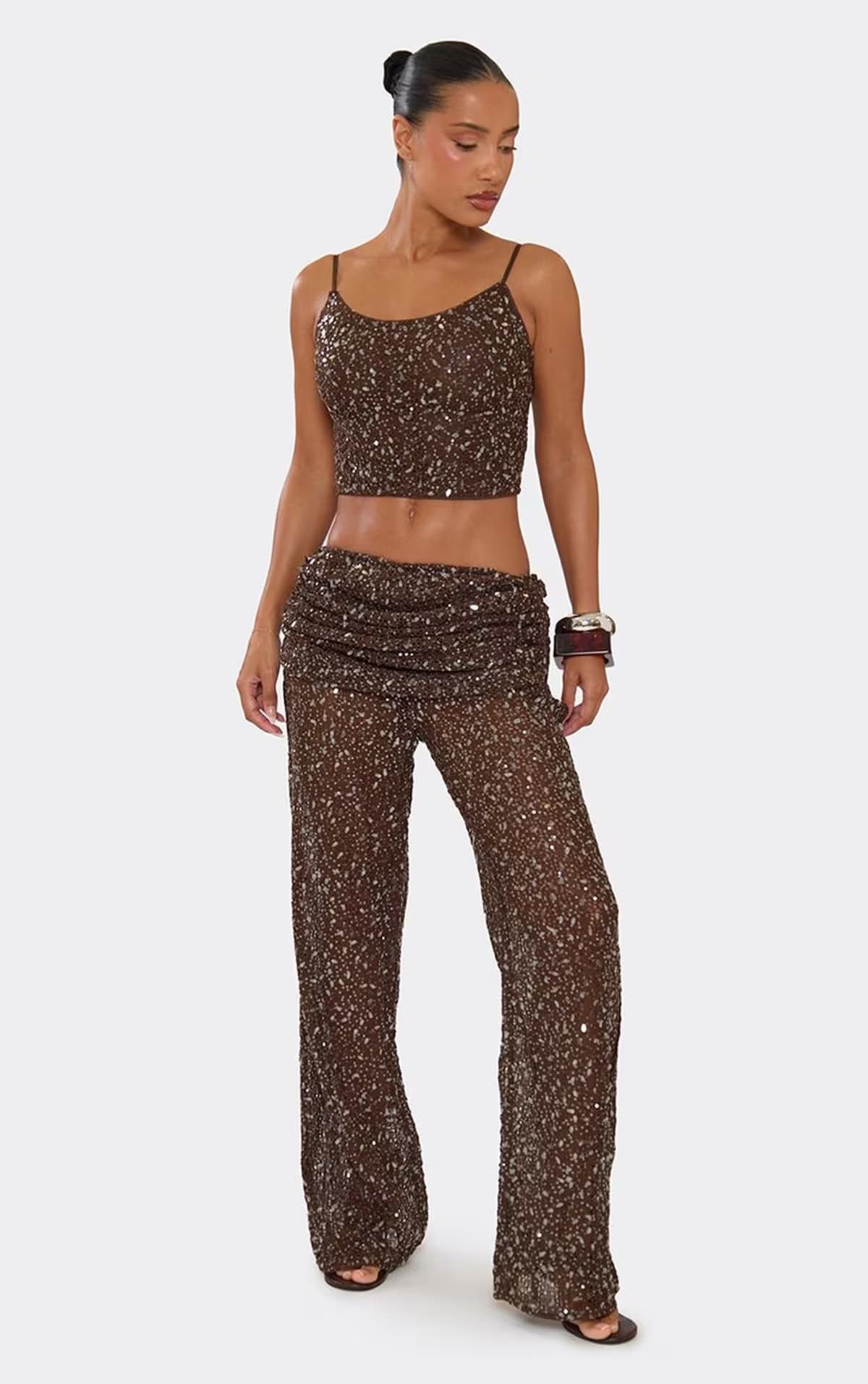 EGO Scoop Neck Zip Up Back Top In Dark Brown Sequin, Women's Size UK 6