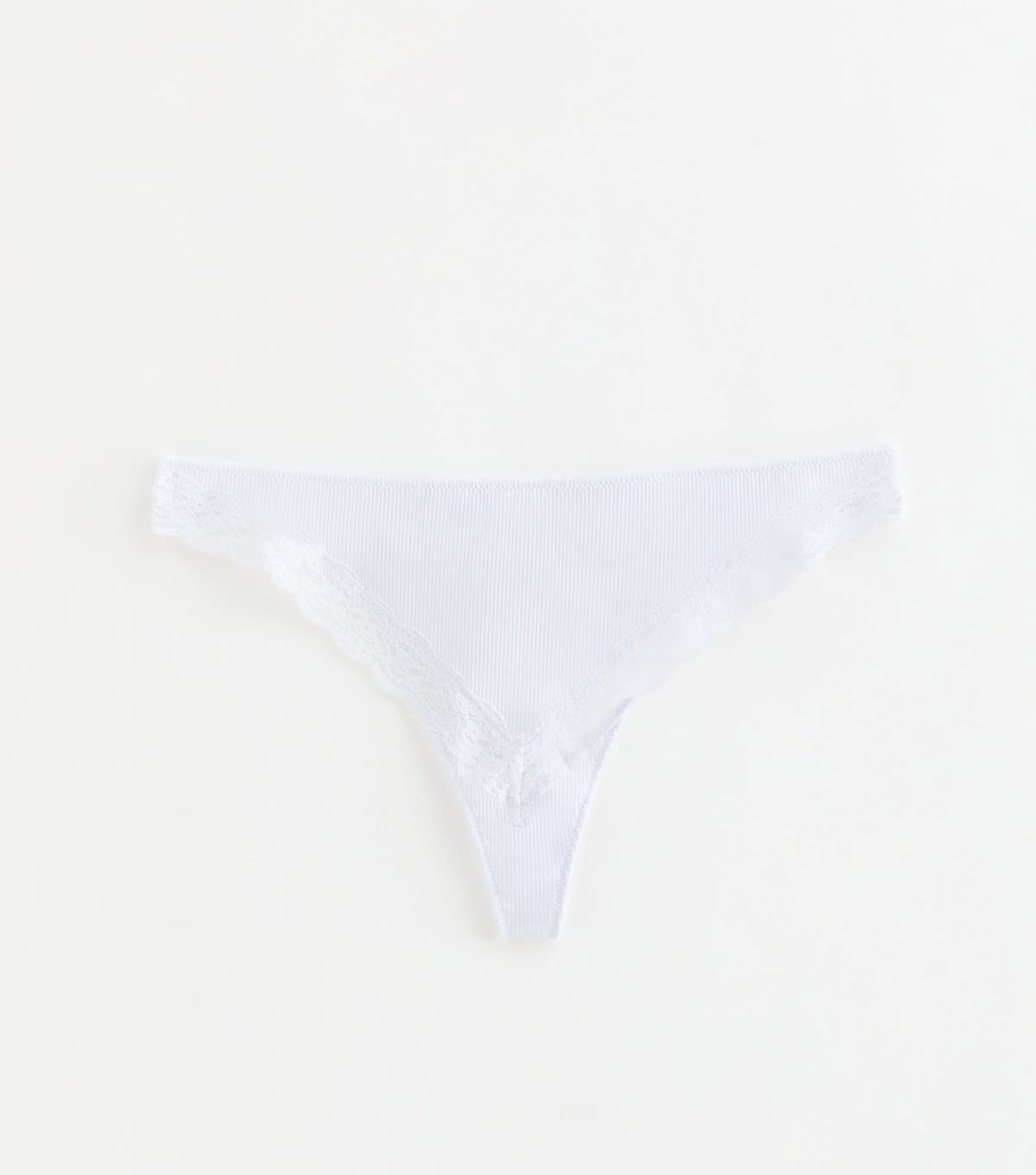 New Look Women's White Ribbed Lace Trimmed Thong New Look