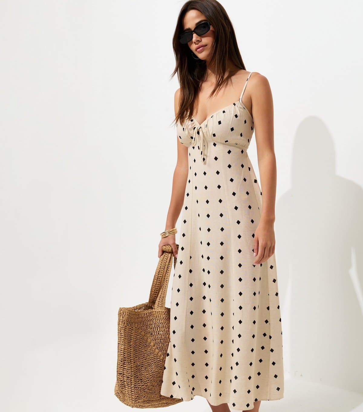 New Look Women's Cream Diamond Spot Strappy Midi Dress New Look