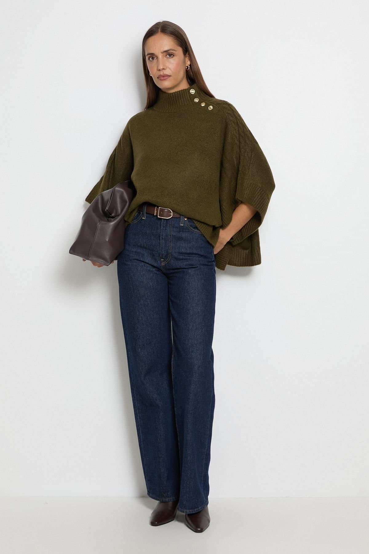 Wallis Wallis Women's Button Detail Chunky Knit high Neck Poncho Jumper in Olive