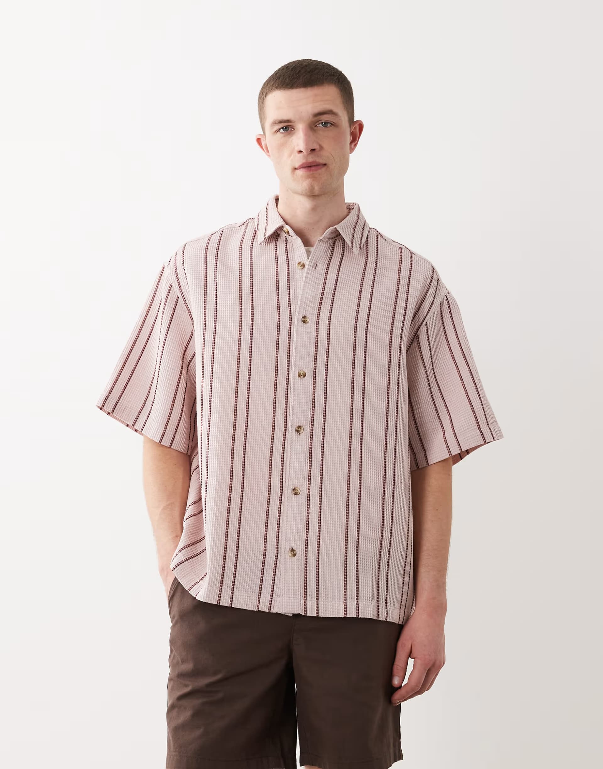 ASOS ASOS DESIGN oversized waffle textured stripe shirt in pink