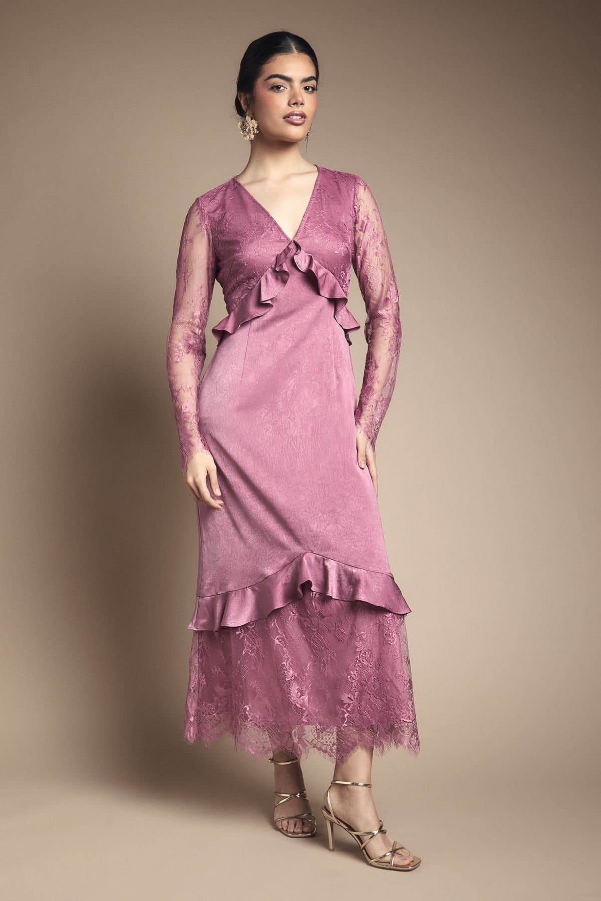 Oasis Oasis Women's Lace Panel Detail Frill Hem Midi Dress in Mauve