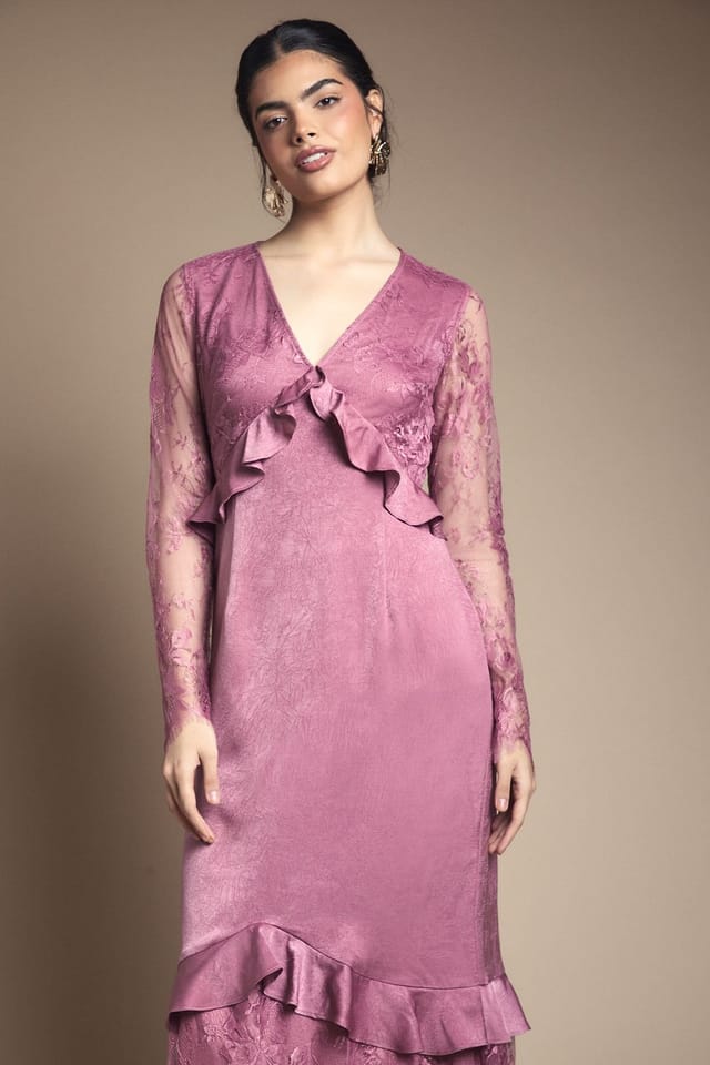 Oasis Oasis Women's Lace Panel Detail Frill Hem Midi Dress in Mauve - 2