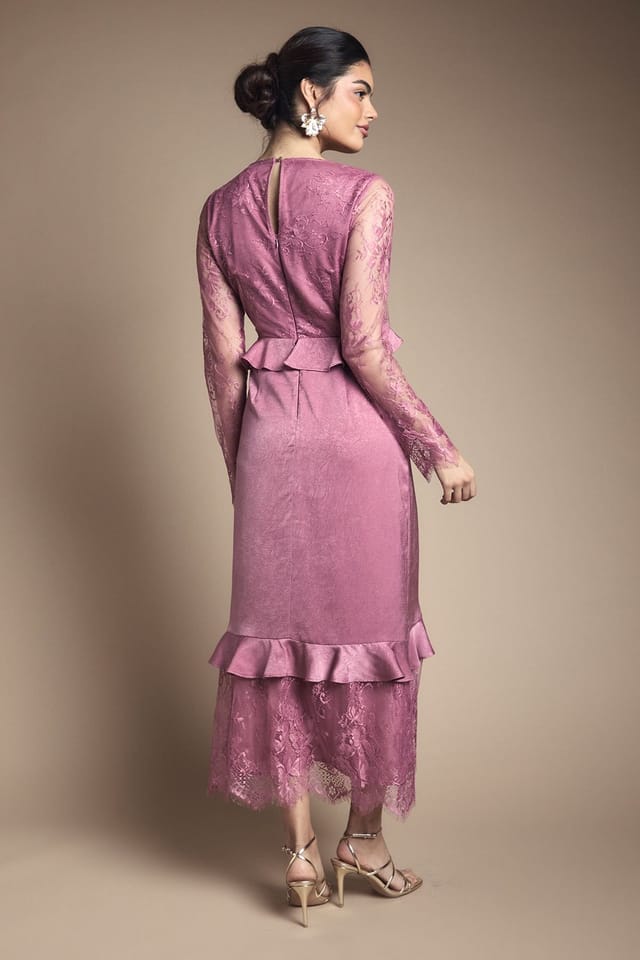 Oasis Oasis Women's Lace Panel Detail Frill Hem Midi Dress in Mauve - 3
