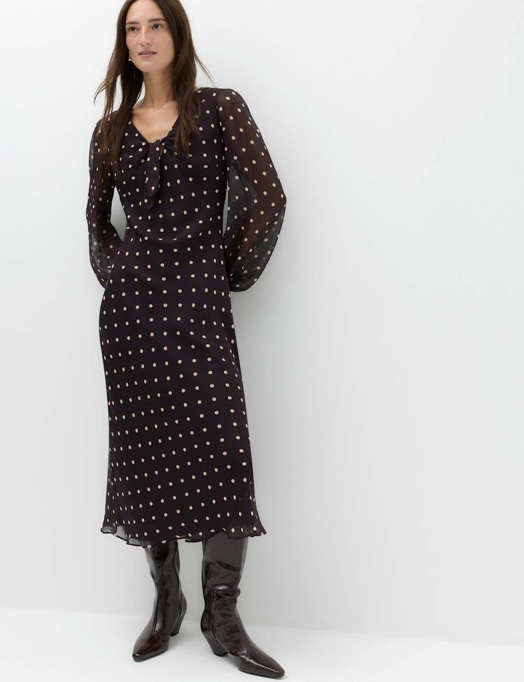 Marks & Spencer M&S Chiffon Spot Print Midi Tea Dress Chocolate Mix