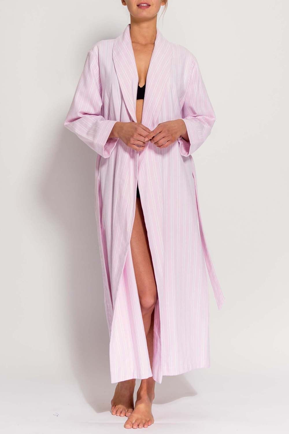 British Boxers British Boxers Women's "Westwood Pink" Stripe Brushed Cotton Dressing Gown in Light Pink - 2