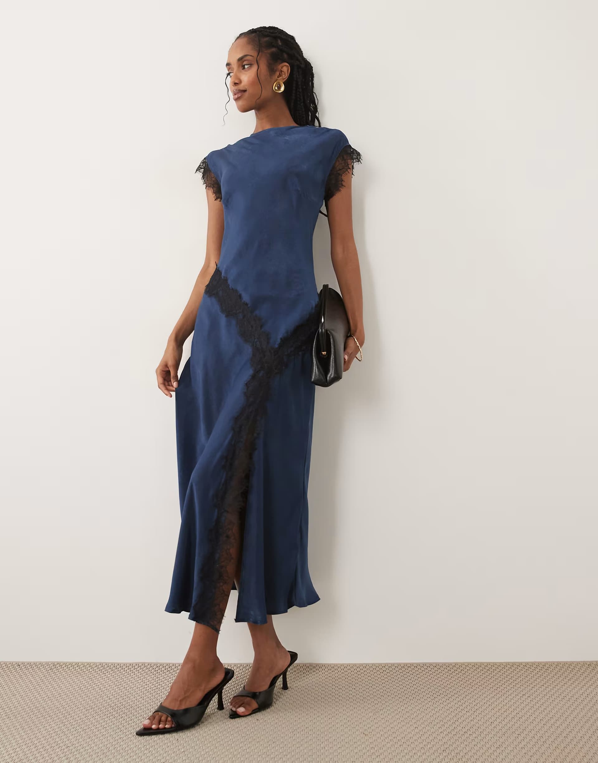 ASOS New Look lace trim satin midi dress in navy