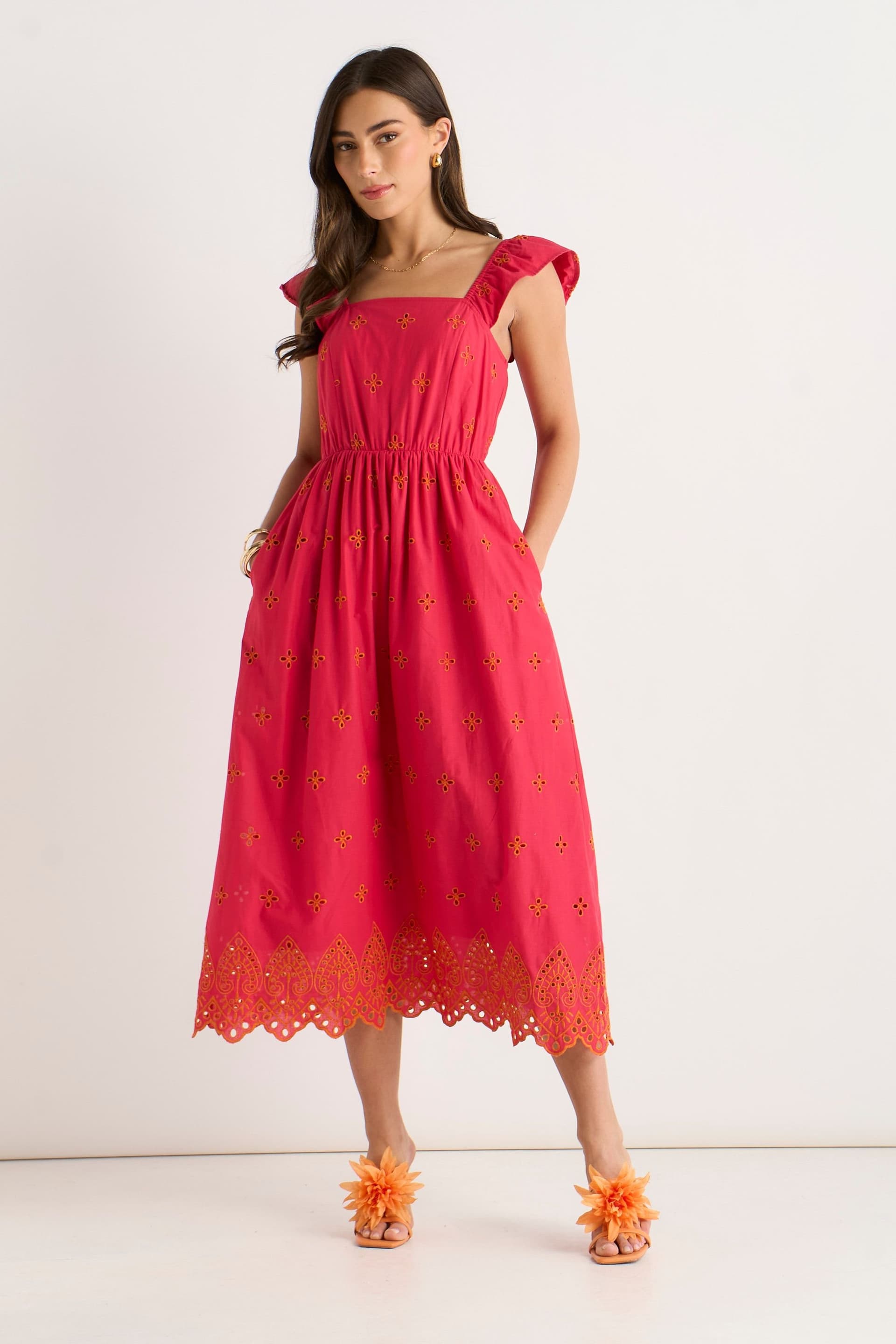 Gini London Gini London Women's Pink Ruffle Sleeves Broderie Sun Dress