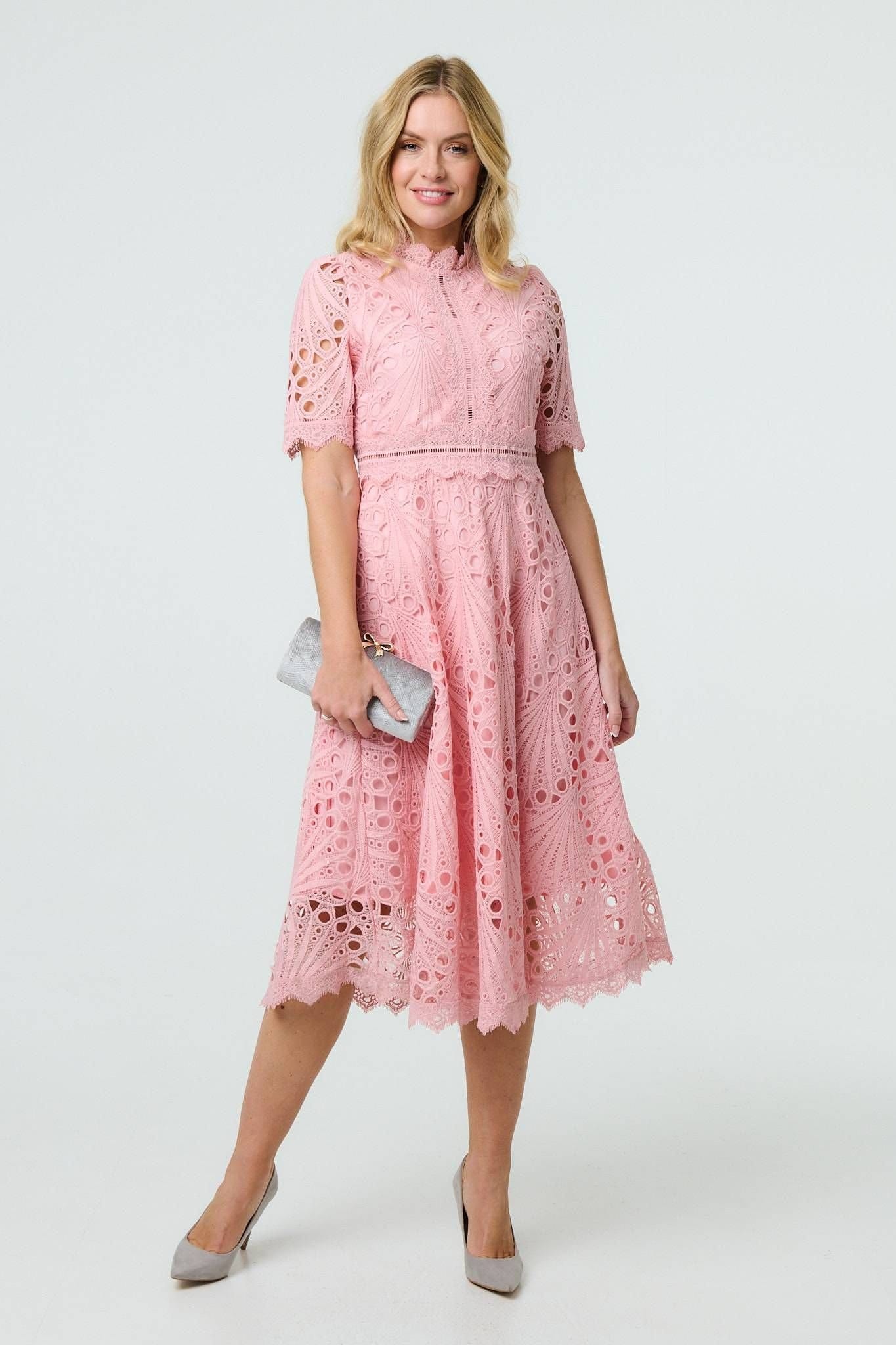 Izabel London Pink Lace Midi Dress with Frilled Trim