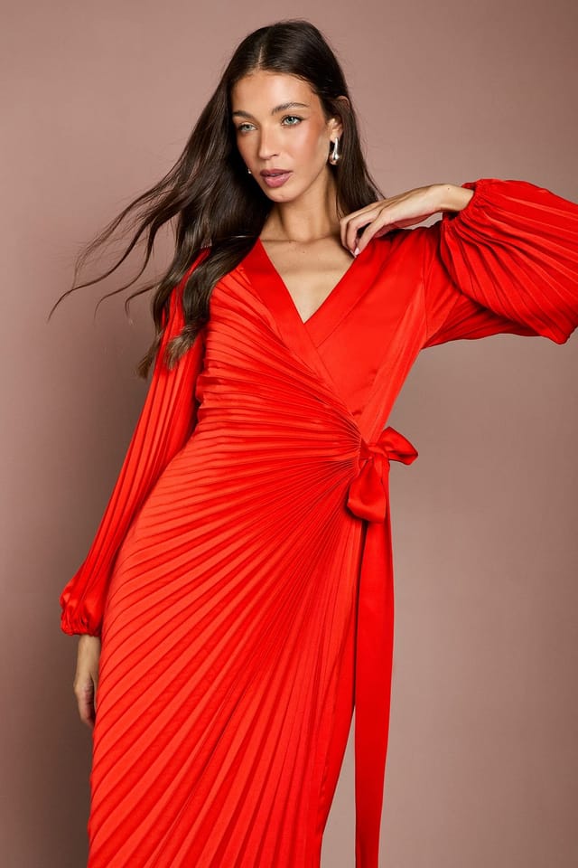 Coast Coast Women's Satin Pleated Wrap Dress in Flame Red - 2