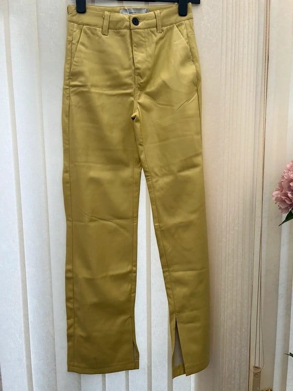 Bershka Faux Leather Straight Leg Trousers – Lime/Mustard Yellow