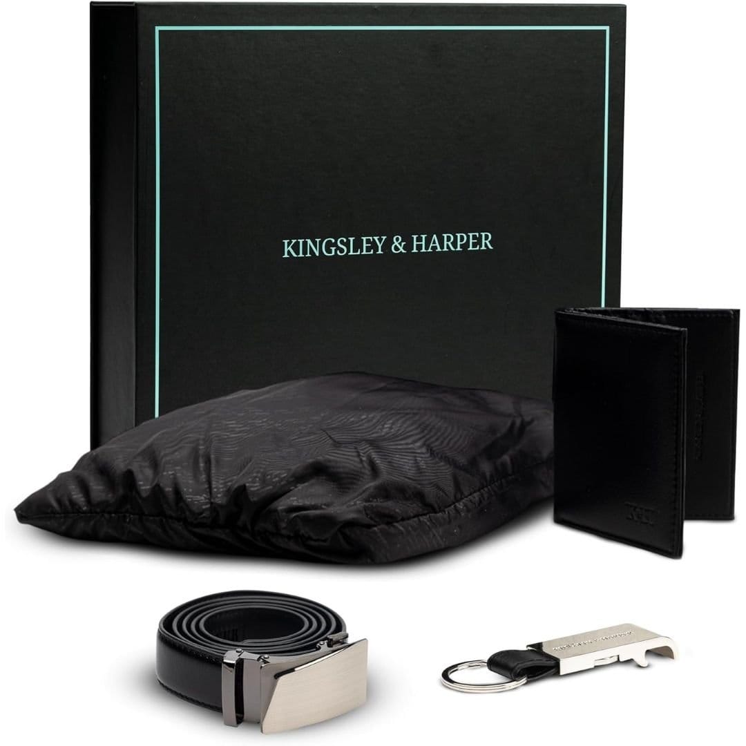 Kingsley & Harper Kingsley & Harper Men's Commuter Travel Essentials Set - Belt, Wallet, Keyring & Raincoat in Black - 1