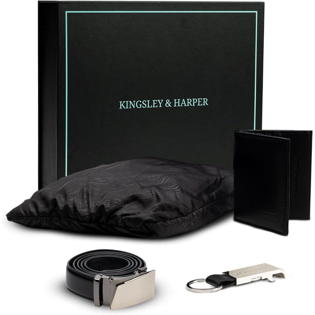 Kingsley & Harper Kingsley & Harper Men's Commuter Travel Essentials Set - Belt, Wallet, Keyring & Raincoat in Black