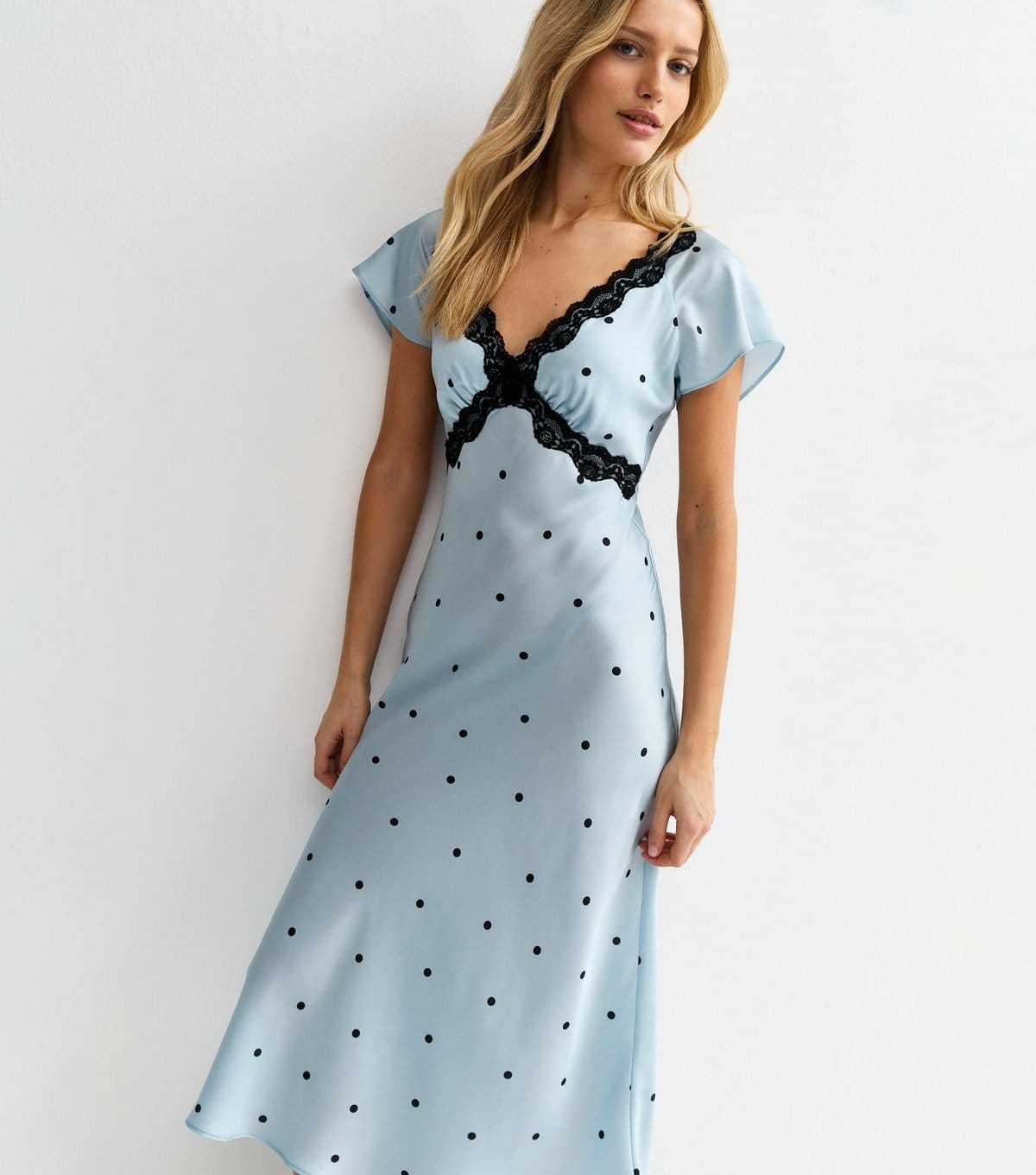 New Look Blue Satin Polka Dot Lace Trim Midi Dress