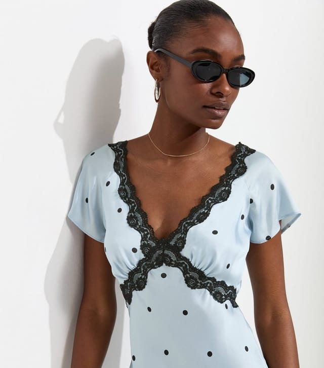 New Look Women's Blue Satin Polka Dot Lace Trim Midi Dress New Look - 2