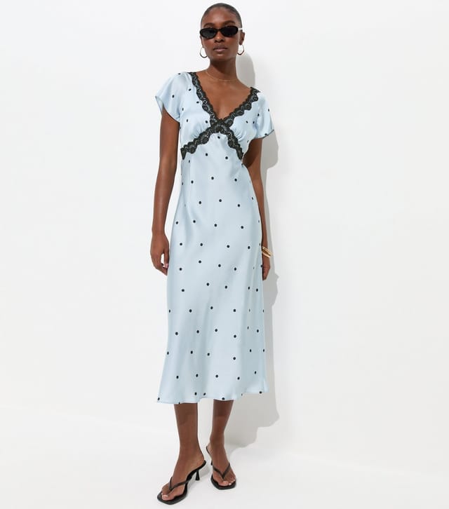New Look Women's Blue Satin Polka Dot Lace Trim Midi Dress New Look - 3
