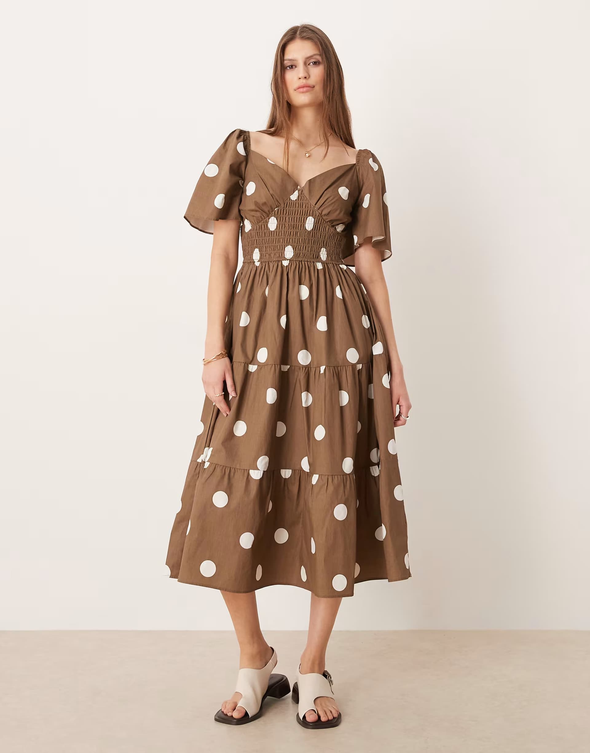 ASOS Glamorous v neck tiered midaxi dress in brown white polka dot