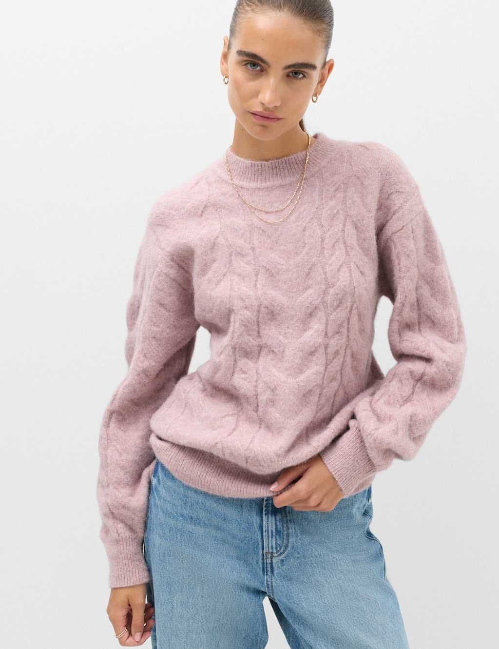 Marks & Spencer M&S Cable Knit Crew Neck Jumper With Wool Mallow