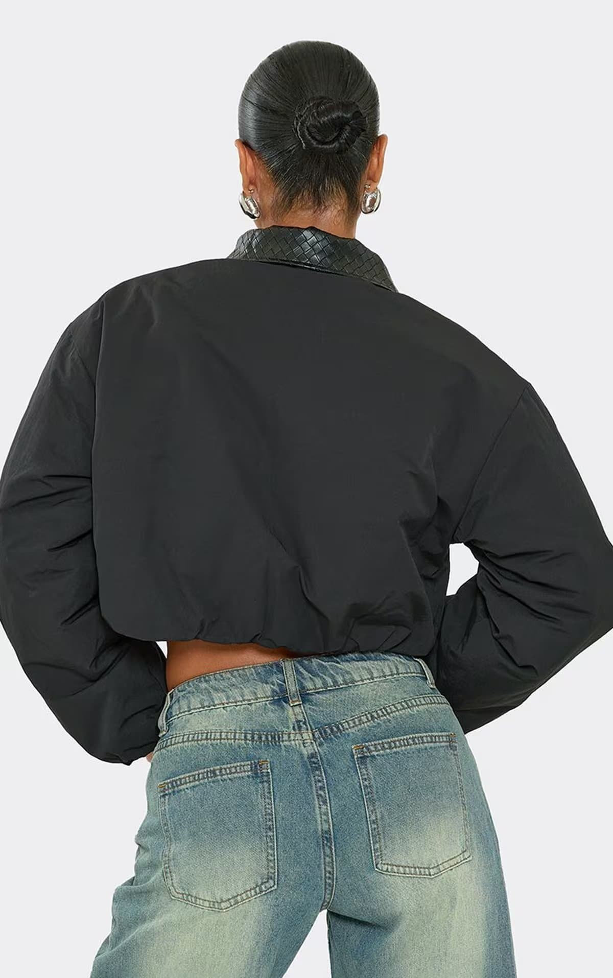 EGO Long Sleeve Contrast Faux Leather Collar Detail Cropped Bomber Puffer Jacket In Black, Women's Size UK 6