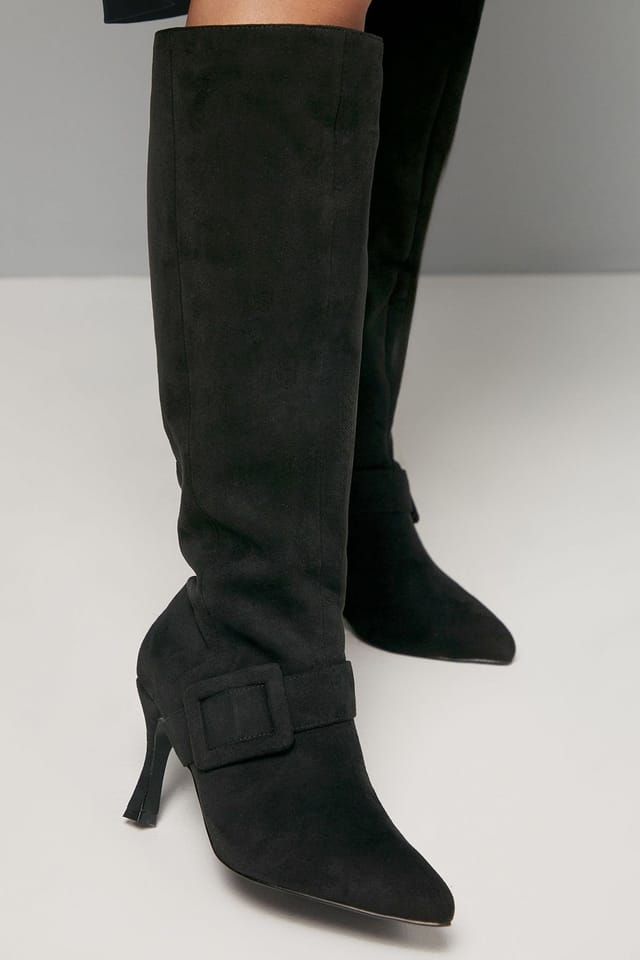Wallis Wallis Women's Wide Fit Hazel Faux Suede Covered Buckle Stiletto Knee Boots in Natural Black - 2