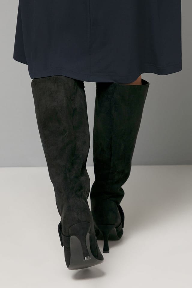 Wallis Wallis Women's Wide Fit Hazel Faux Suede Covered Buckle Stiletto Knee Boots in Natural Black - 3