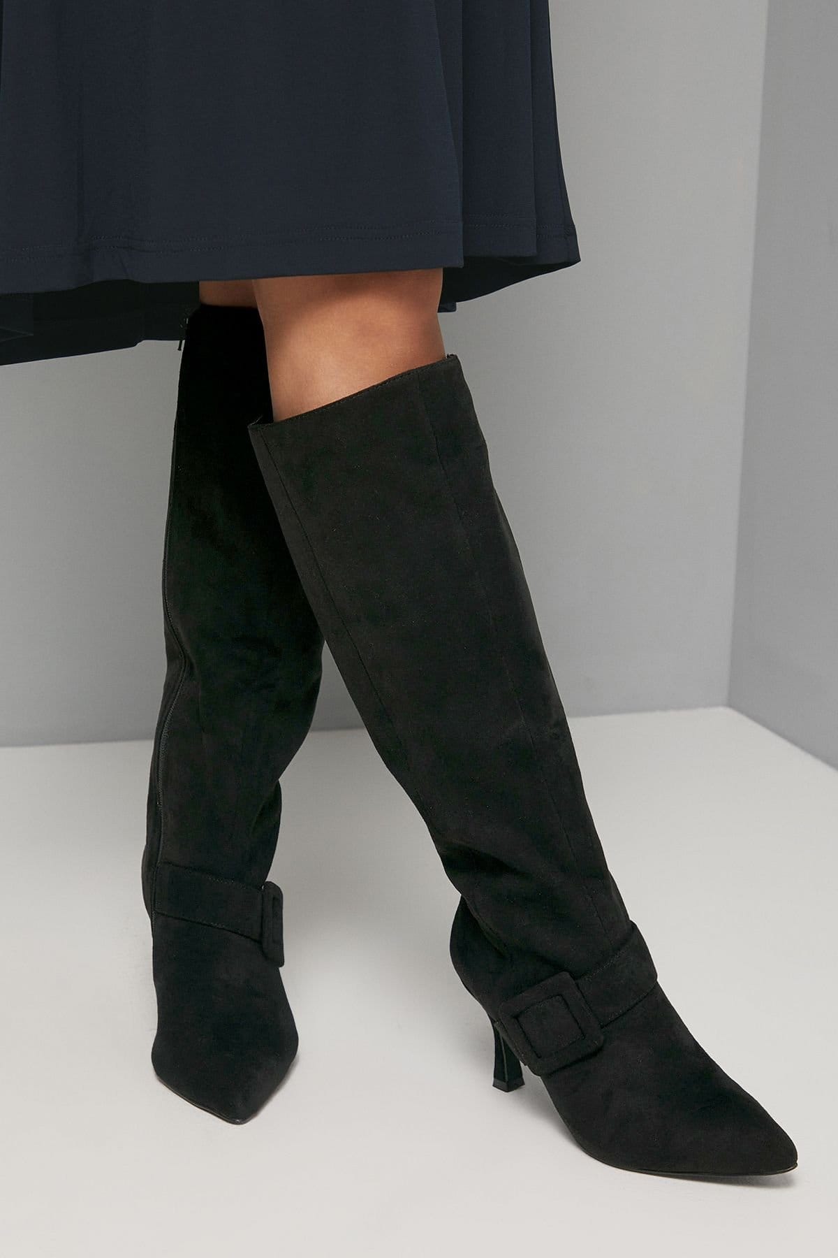 Wallis Wallis Women's Wide Fit Hazel Faux Suede Covered Buckle Stiletto Knee Boots in Natural Black - 4