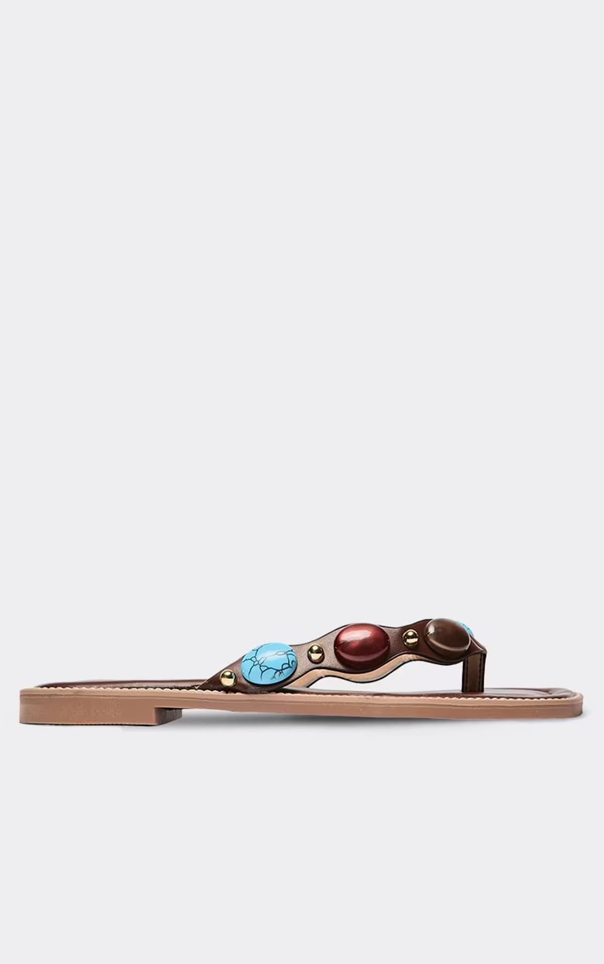 EGO Jedda Stone Detail Thong Strap Flat Slider Sandal In Brown Faux Leather, Women's Size UK 3