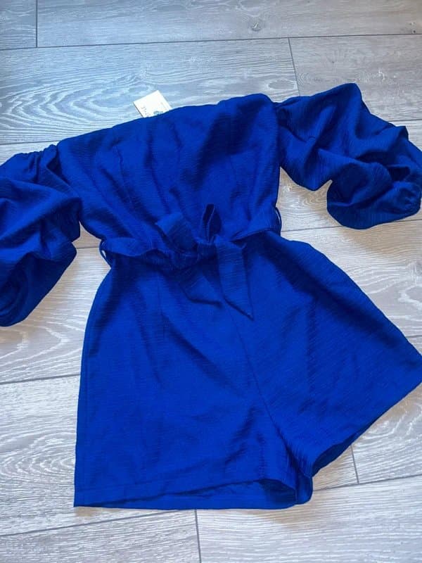 In The Style In the style blue playsuit puff sleeves off the shoulder Bardot size 8