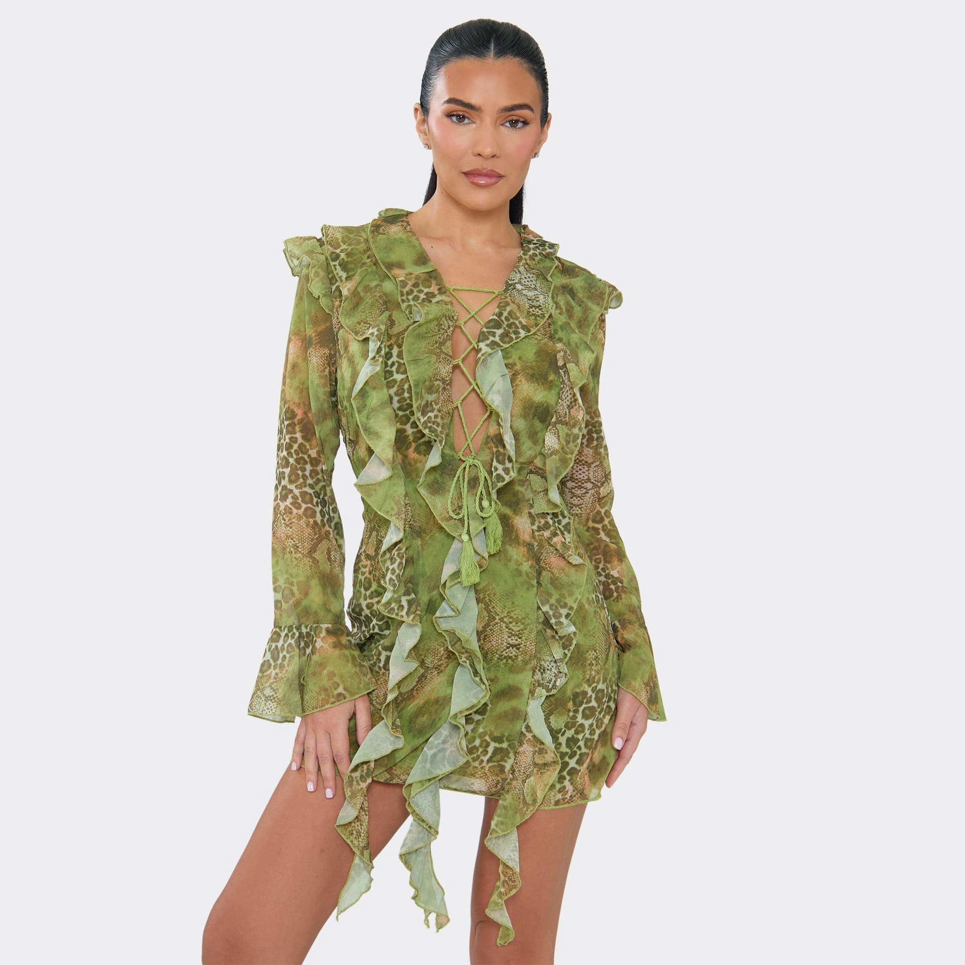 EGO Long Sleeve Frill Lace Up Front Mini Dress In Green Animal Print, Women's Size UK 8
