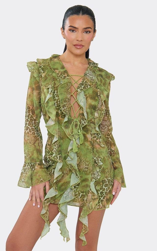 EGO Long Sleeve Frill Lace Up Front Mini Dress In Green Animal Print, Women's Size UK 8 - 2